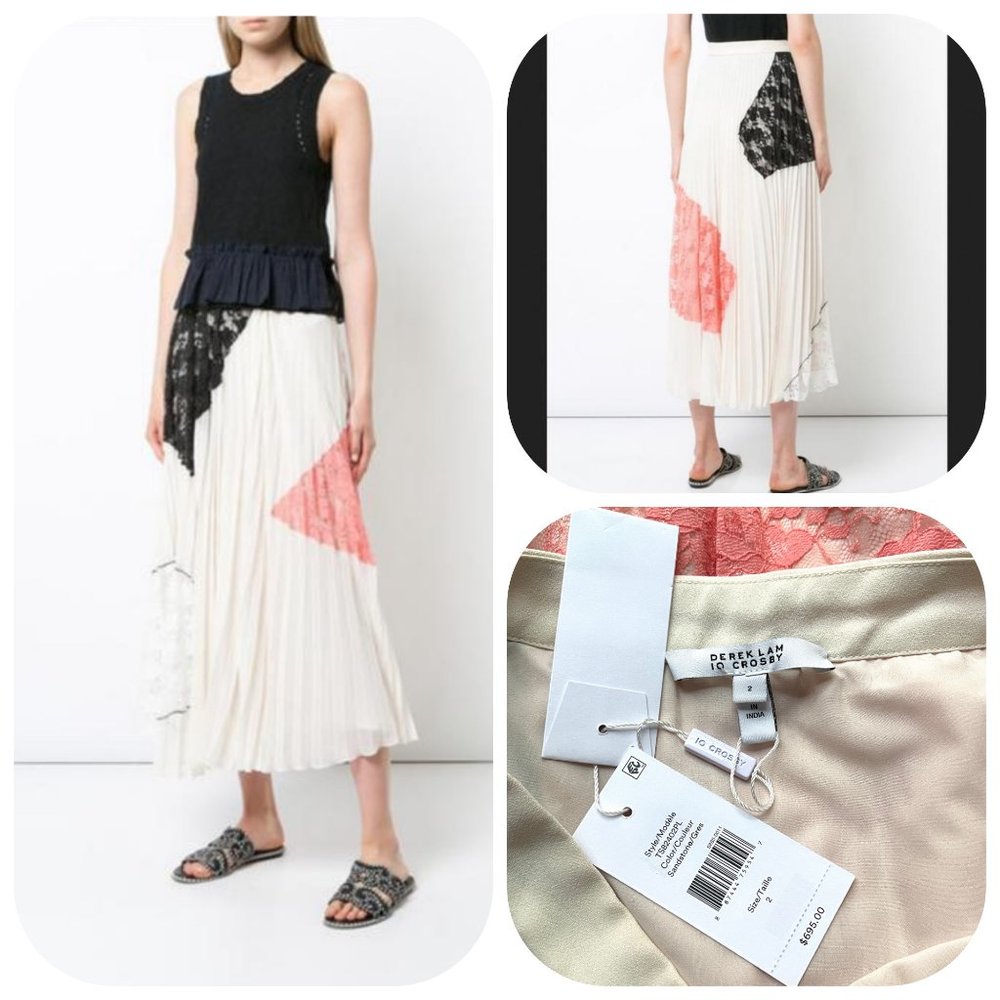 NWT Auc 10 Crosby Derek Lam Sandstone Pleated Lace Inserts Skirt - Picture 11 of 11
